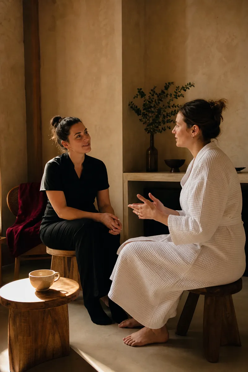 The esthetician listening to a client in a robe
