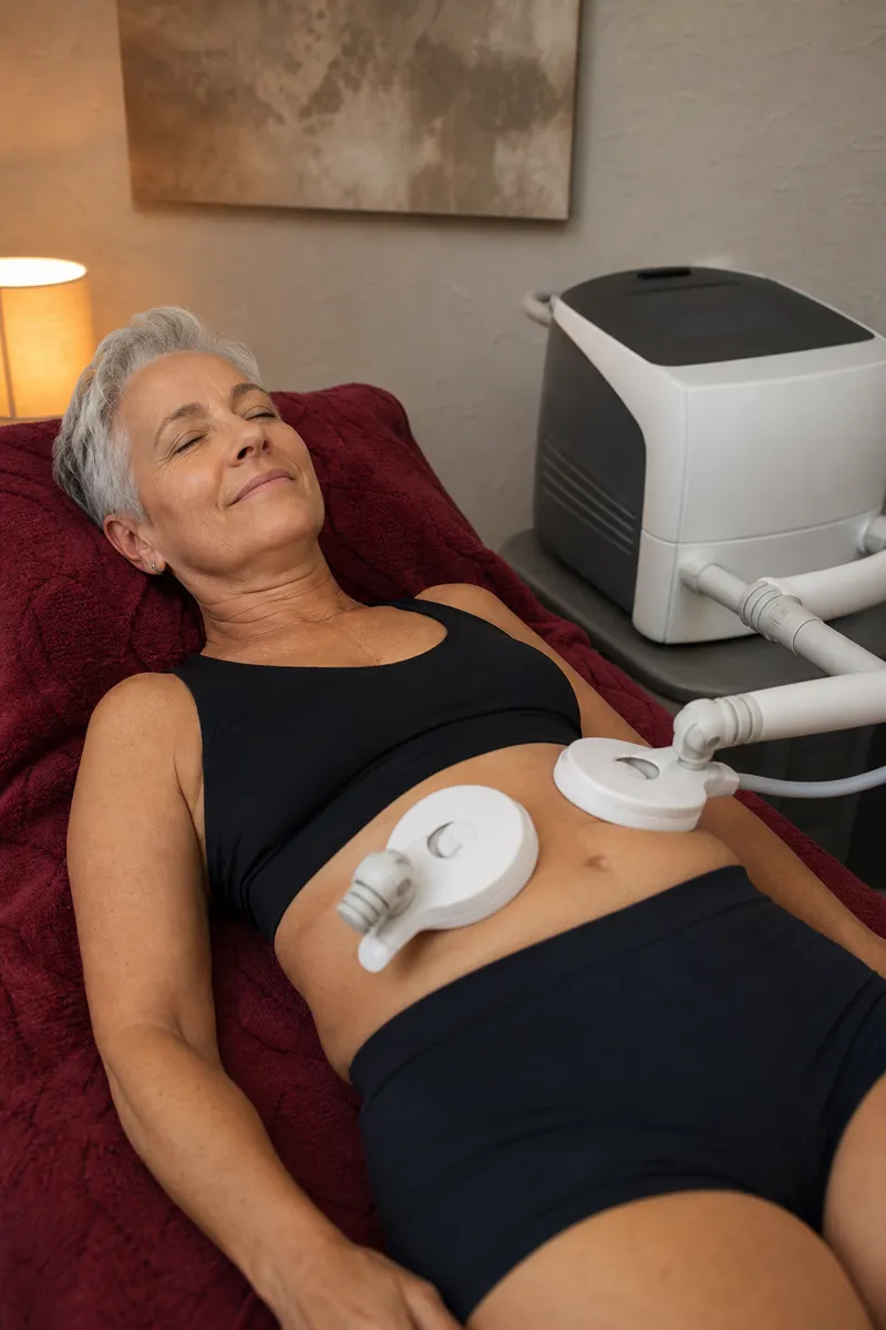 A client in her fifties during her session, applicators on her stomach