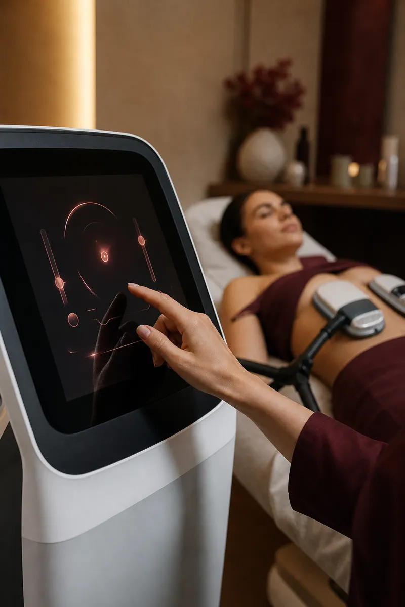 The esthetician setting the session on the device screen