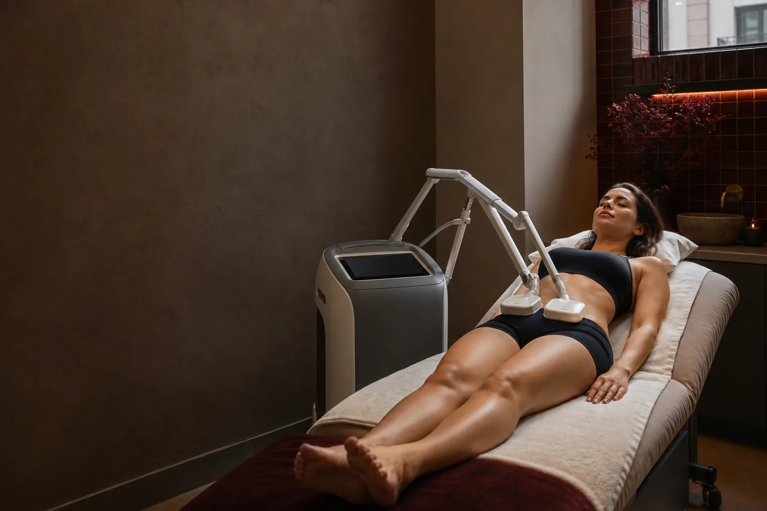 A client relaxing during her session, applicators on her stomach