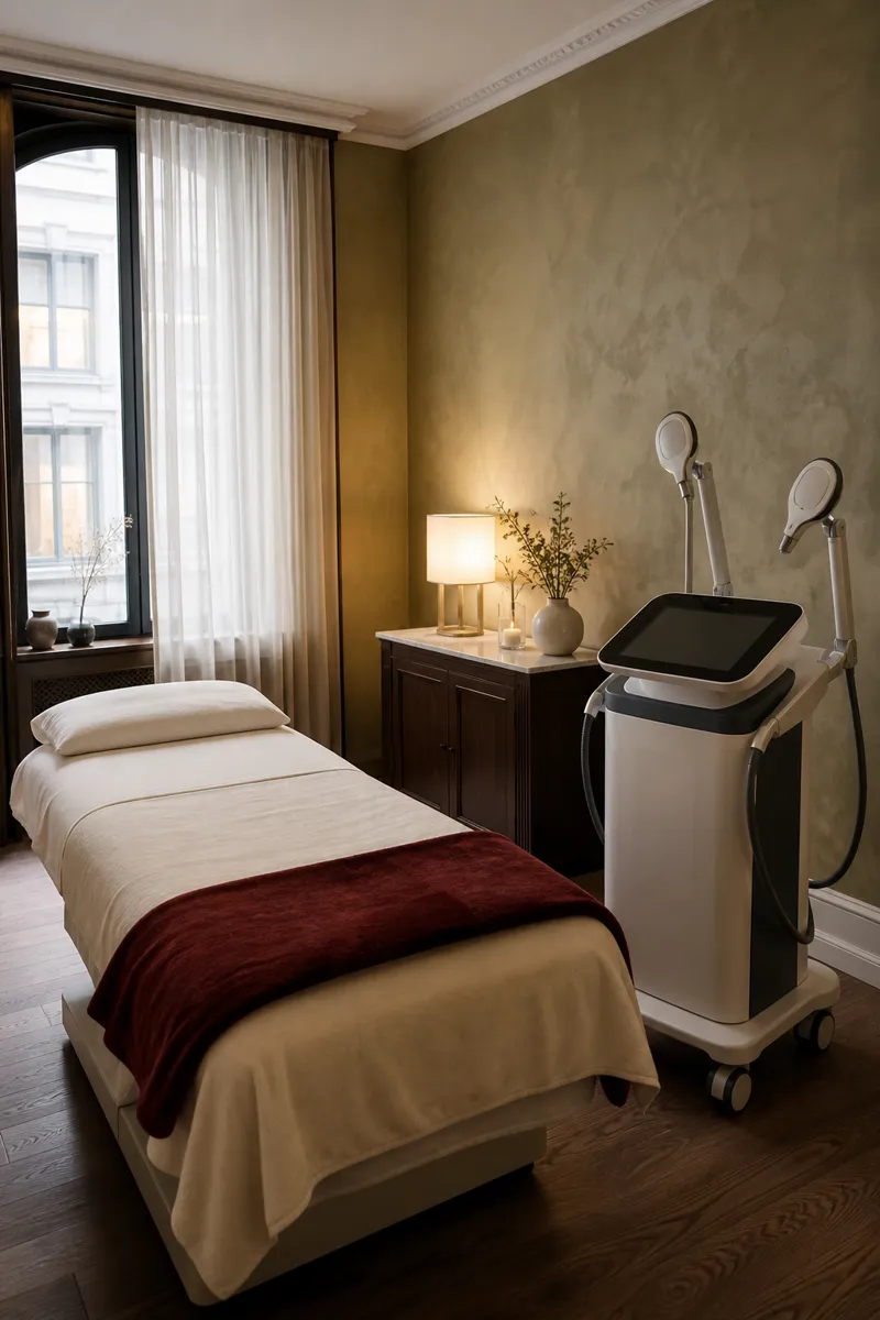 The treatment room, the bed and the device