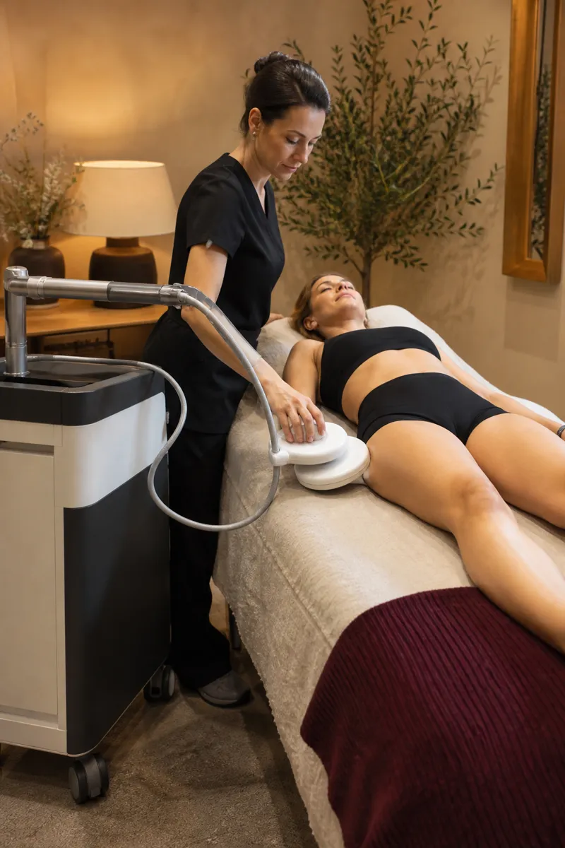 The esthetician placing an applicator on a client's thigh